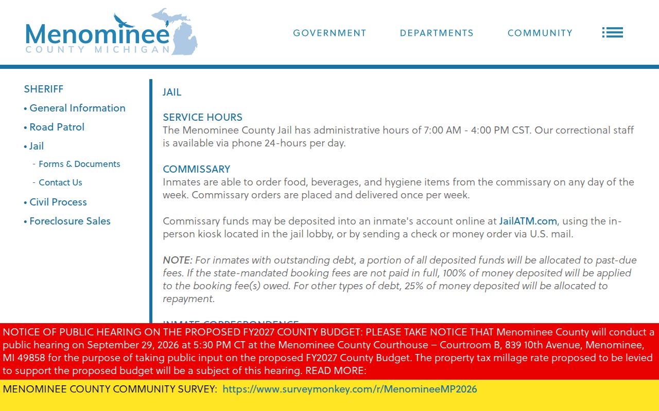 Official Menominee County Jail webpage showing jail information and services