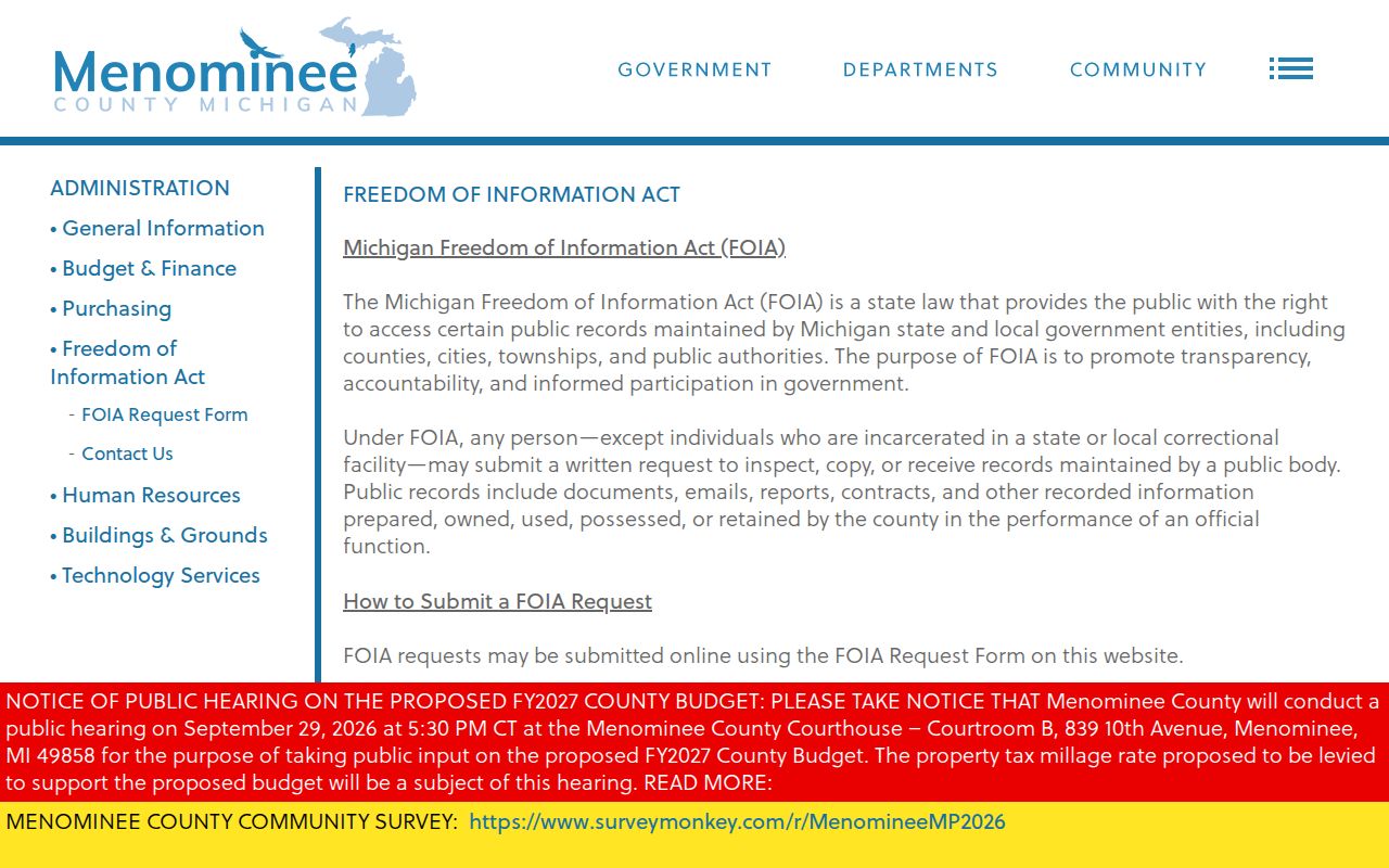 Menominee County Freedom of Information Act request webpage