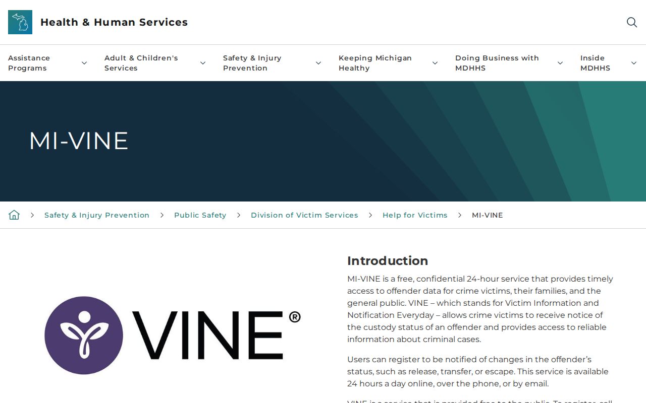 Michigan MI-VINE official custody information and notification page