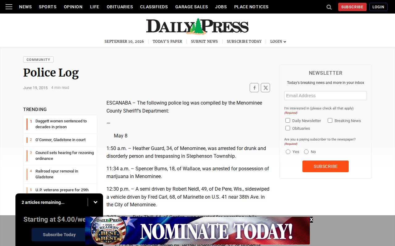 Archived Daily Press Menominee County Police Log page