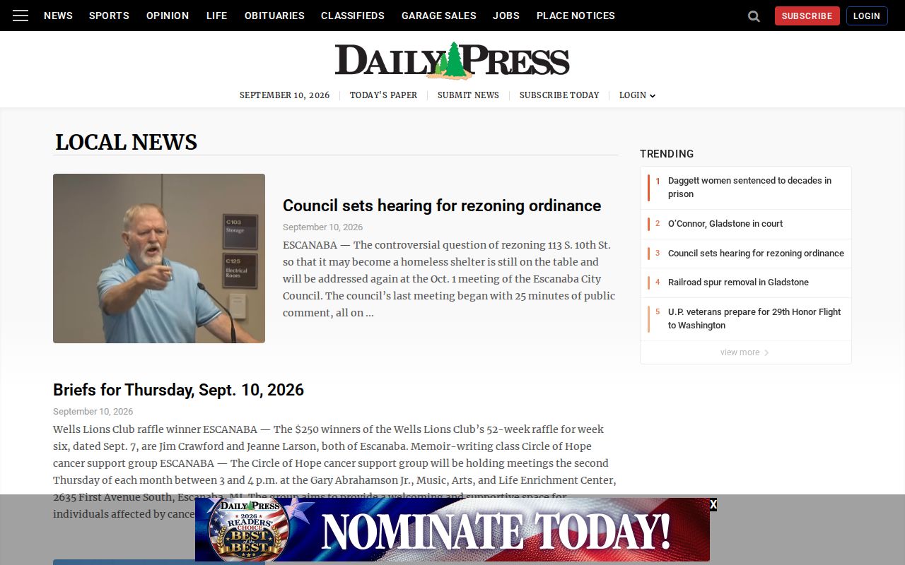 Daily Press local news page serving the Menominee region